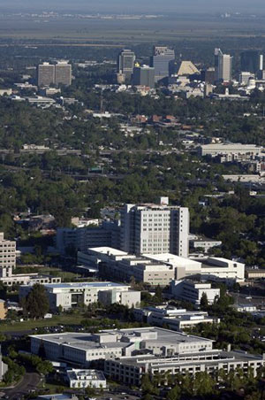 aerial view of health campus, city skyline