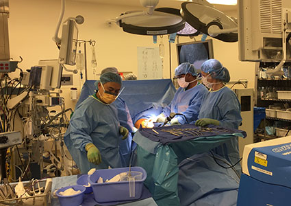 Midway through the VATS procedure, a minimally invasive approach to removal of lung tumors.