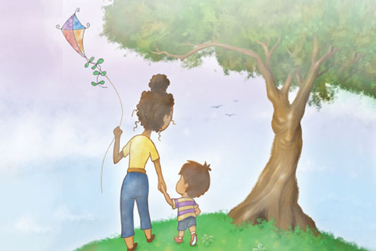 illustration of mom walking with child