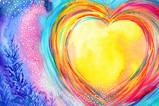 Colorful illustration of sky and a yellow heart. 