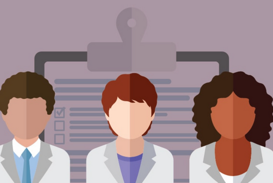 Cartoon of three diverse medical professionals. 