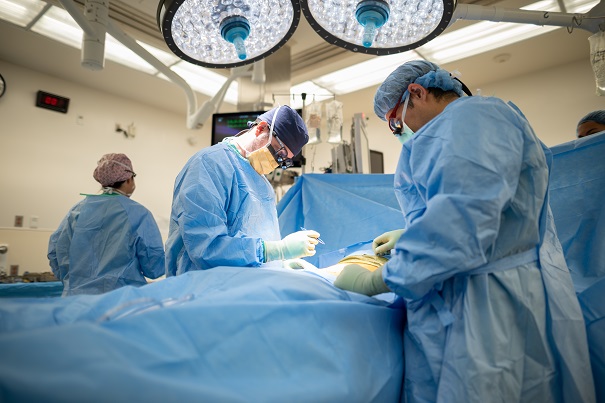 Surgeon performing a kidney transplant