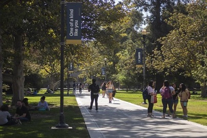landscape and view of students walking on the UC Davis campus