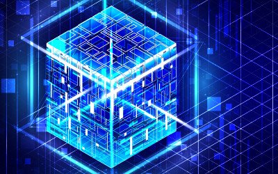 Blue 3D cube on abstract line background symbolizing big data