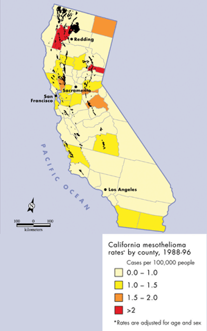 PHOTO —Ultramafic rock, the predominate source of naturally occurring asbestos, is concentrated along California's Sierra Nevada, Coast and Klamath ranges. In this map, deposits are indicated in black.