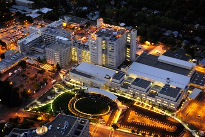 Aerial night view of UC Davis Medical Center. © UC Regents