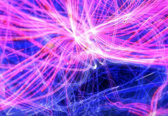 Abstract image of neural connections in the brain showing a swirl of pink, white and blue lines against a dark blue background. 